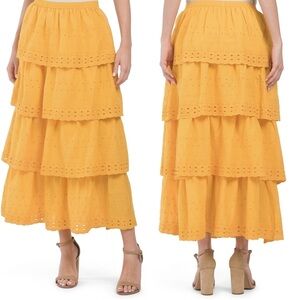 House of Harlow 1960 Boho Tiered Eyelet Midi Skirt in Mustard Yellow Sz Small